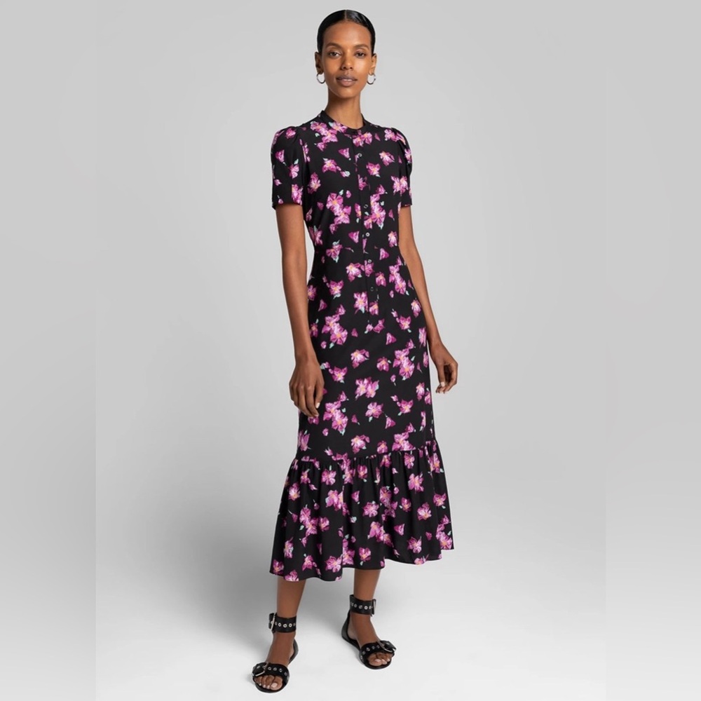 Alc a.l.c. Black pink floral Dylan dress short sleeves size 12